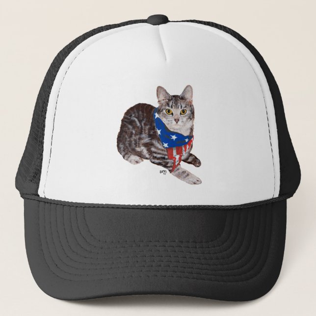 Patriotic American Shorthair Tabby Cat Trucker Hat (Front)
