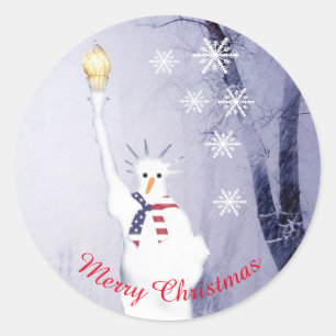 Patriotic American snowman Christmas Classic Round Sticker