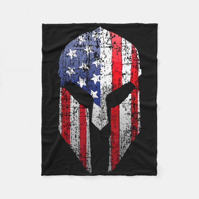 Patriotic American Spartan Warrior Usa Flag Helmet Fleece Blanket (Front)