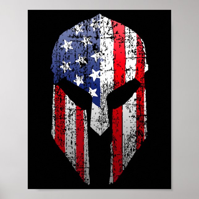 Patriotic American Spartan Warrior Usa Flag Helmet Poster (Front)