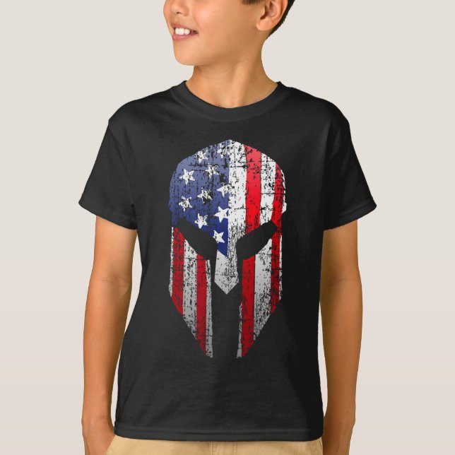 Patriotic American Spartan Warrior Usa Flag Helmet T-Shirt (Front)
