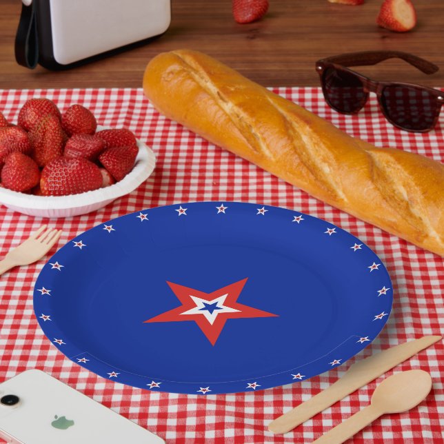 Patriotic American Stars on Blue Paper Plate (Picnic)