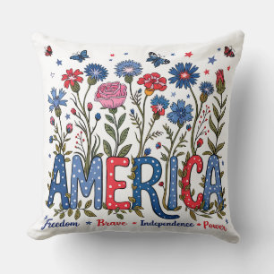 Patriotic American Wildflowers Fourth of July USA Cushion