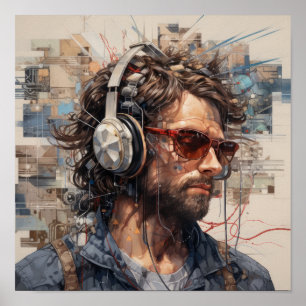 Patriotic American with Headband and Headphones -  Poster