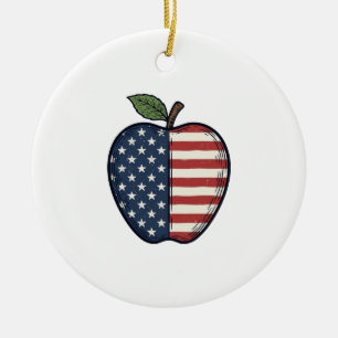 Patriotic Apple Vintage Engraving Vector Design_1 Ceramic Ornament