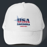 Patriotic Arizona Typography Trucker Hat<br><div class="desc">Arizona trucker hat. A bold typography design with a blue star that highlights the US state of Arizona,  its year of statehood in 1912,  and the initials of the USA infused with the stars and stripes of the American flag. It makes a wonderful patriotic gift or souvenir.</div>