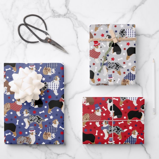 Patriotic Australian Shepherd / Aussie Dog Wrapping Paper Sheet (Front)