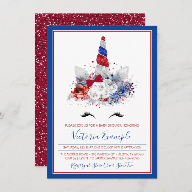 Patriotic Baby Shower Unicorn Red White Blue Baby Invitation (Front/Back)