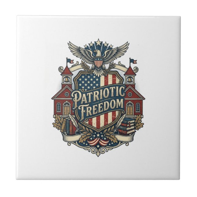 Patriotic Back to School Vector Graphic Tee Ceramic Tile (Front)