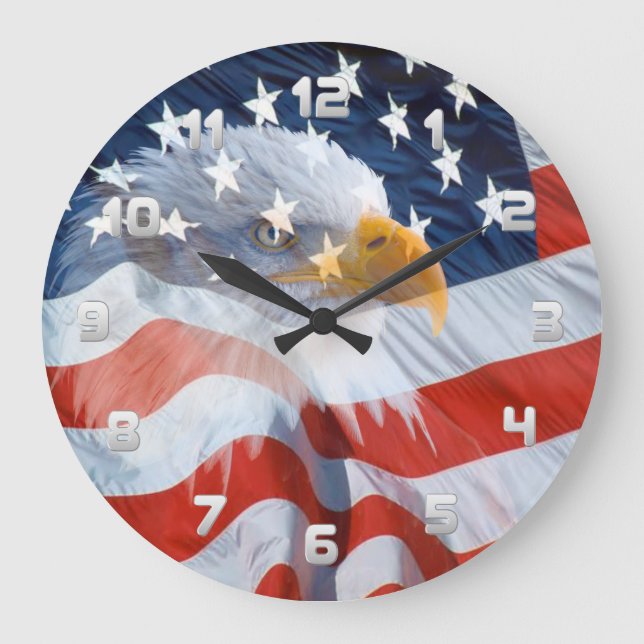Patriotic Bald Eagle and The American Flag Large Clock (Front)