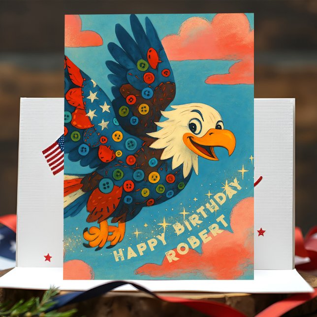 Patriotic Bald Eagle Birthday Whimsical Primitive Card (Joyful bald eagle birthday card with patriotic patchwork, personalized name, and heartfelt message.)