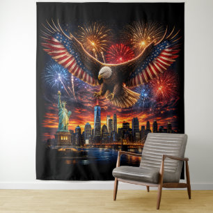 Patriotic Bald Eagle Fireworks New York Skyline  Tapestry