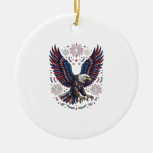 Patriotic Bald Eagle Fireworks Vintage Vector Desi Ceramic Ornament