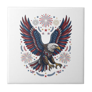 Patriotic Bald Eagle Fireworks Vintage Vector Desi Ceramic Tile