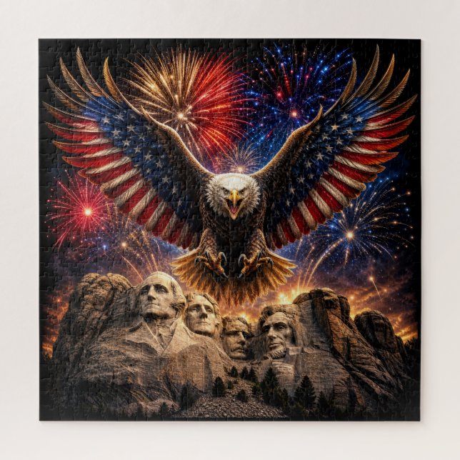Patriotic Bald Eagle Mount Rushmore Fireworks  Jigsaw Puzzle (Vertical)