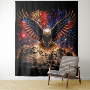 Patriotic Bald Eagle Mount Rushmore Fireworks Wall Tapestry