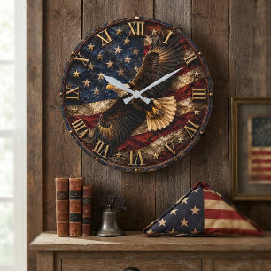 Patriotic Bald Eagle USA Freedom Flag Large Clock