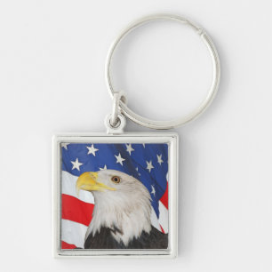 Patriotic Bald Eagle With American Flag Background Key Ring