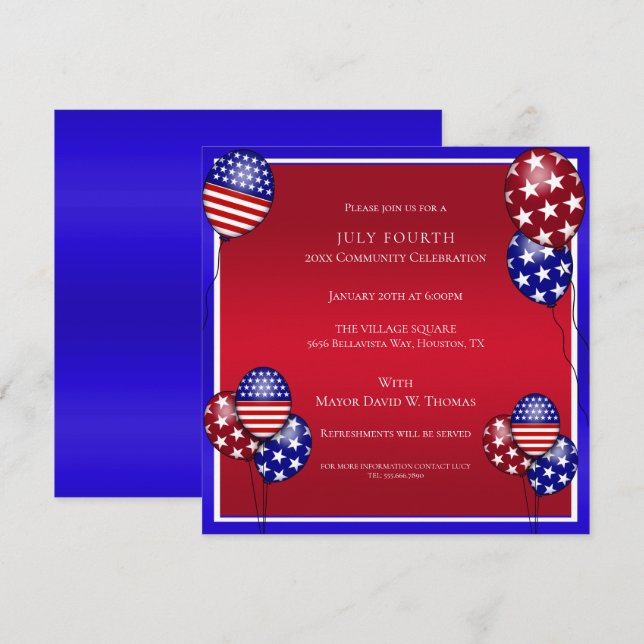 Patriotic Balloon Decorated July 4th Invitation (Front/Back)