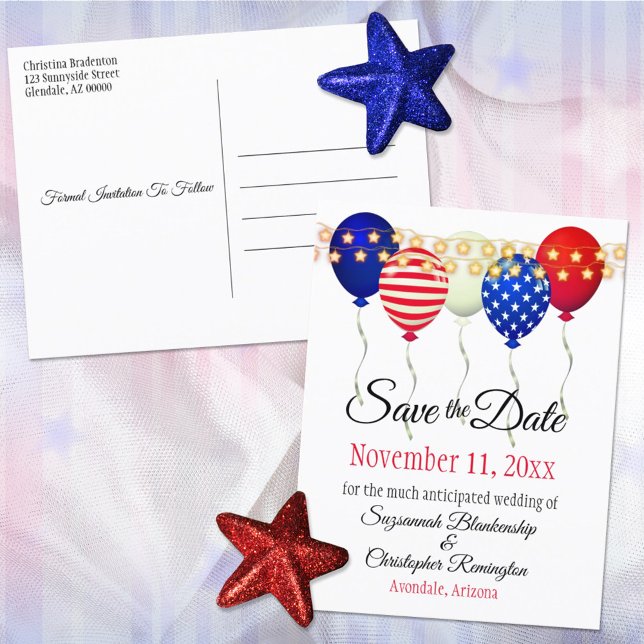 Patriotic Balloons Wedding Save The Date Custom Announcement Postcard (Creator Uploaded)