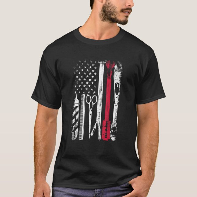 Patriotic Barber American Flag Scissors Blade Hair T-Shirt (Front)