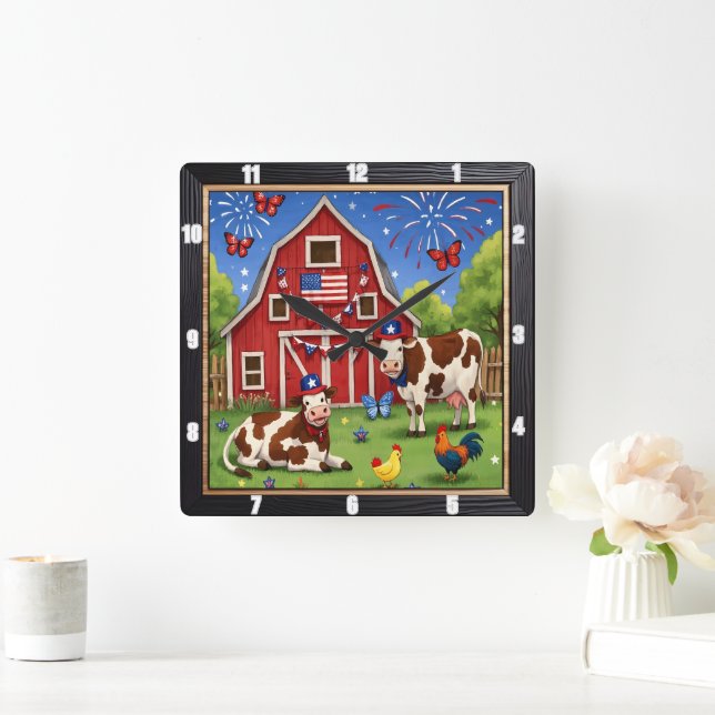 Patriotic Barn Farm Fireworks  Square Wall Clock (Home)