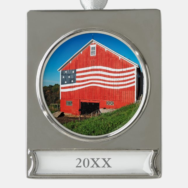 Patriotic Barn Silver Plated Banner Ornament (Front)