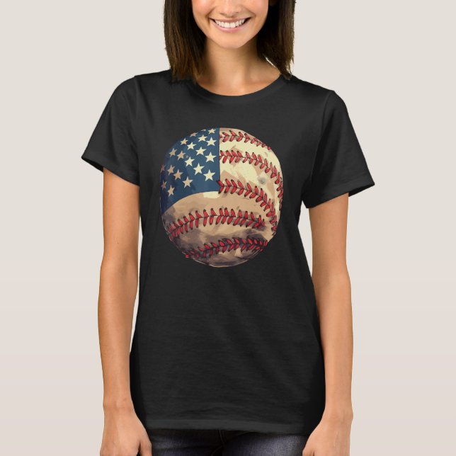 Patriotic Baseball 4th Of July USA American Flag T-Shirt (Front)