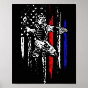 Patriotic Baseball Catcher American Flag Sports Te Poster