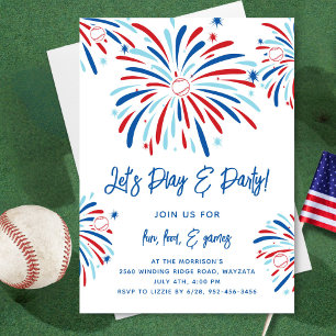 Patriotic Baseball & Fireworks 4th of July Party Invitation