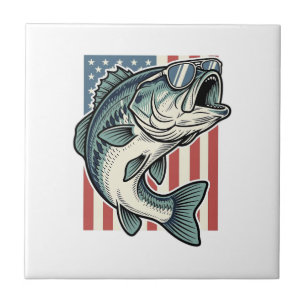 Patriotic Bass Fishing Sunglasses Vintage Vector D Ceramic Tile