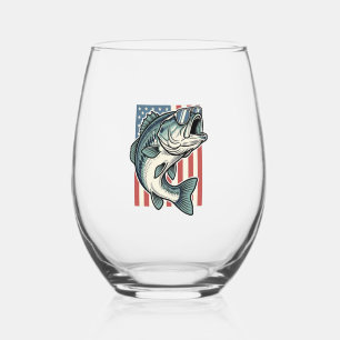 Patriotic Bass Fishing Sunglasses Vintage Vector D Stemless Wine Glass