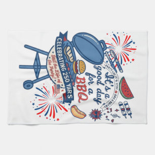 Patriotic BBQ 4th of July 2026 America 250th Tea Towel