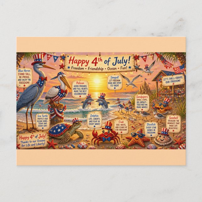Patriotic Beach Marine Animals Postcard (Front)
