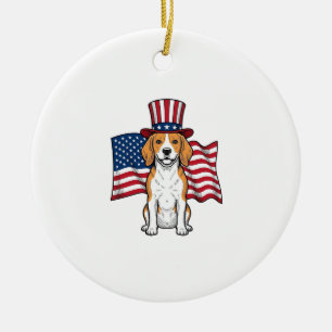 Patriotic Beagle Dog Flag Vintage Engraving Design Ceramic Ornament