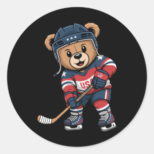 Patriotic Bear Hockey Player Cute Usa Stars And St Classic Round Sticker