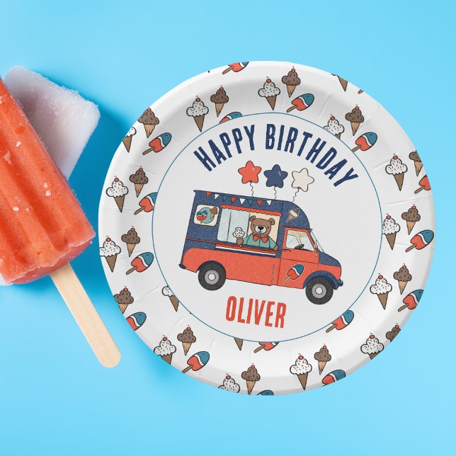 Patriotic Bear Ice Cream Party Birthday Paper Plate (Cute Ice Cream Truck Personalized Birthday Party Plates)