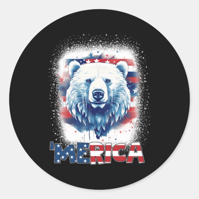 Patriotic Bear Merica 4Th Of July Usa Flag Bear Classic Round Sticker (Front)