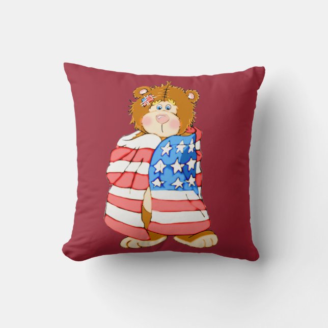 Patriotic Bear with Flag Square Throw Pillow (Front)