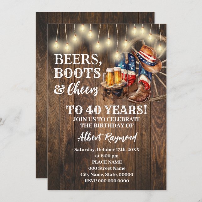 Patriotic Beers Boots & Cheers Country Birthday Invitation (Front/Back)
