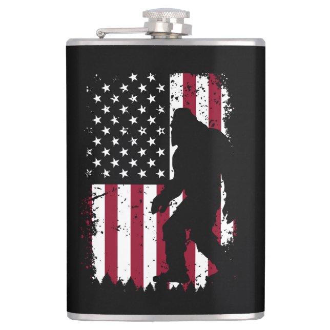 Patriotic Bigfoot American Flag Sasquatch Hip Flask (Front)