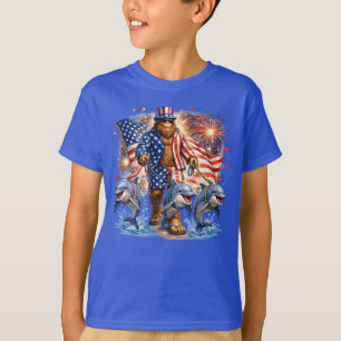 Patriotic Bigfoot Walking Dolphins Funny Fourth of T-Shirt