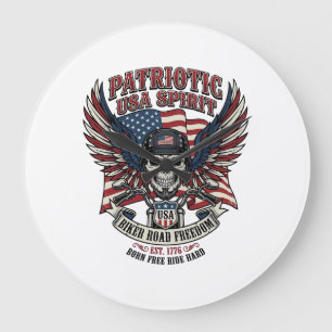 Patriotic Biker Skull Biker Road Freedom Patriot A Large Clock
