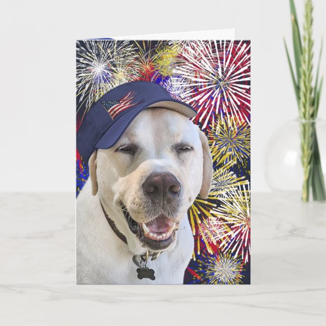 Patriotic Birthday Dog and Fireworks Card (Front)
