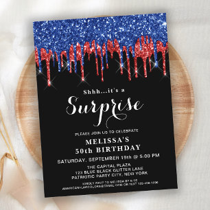 Patriotic Birthday Red Blue Glitter Surprise Invit