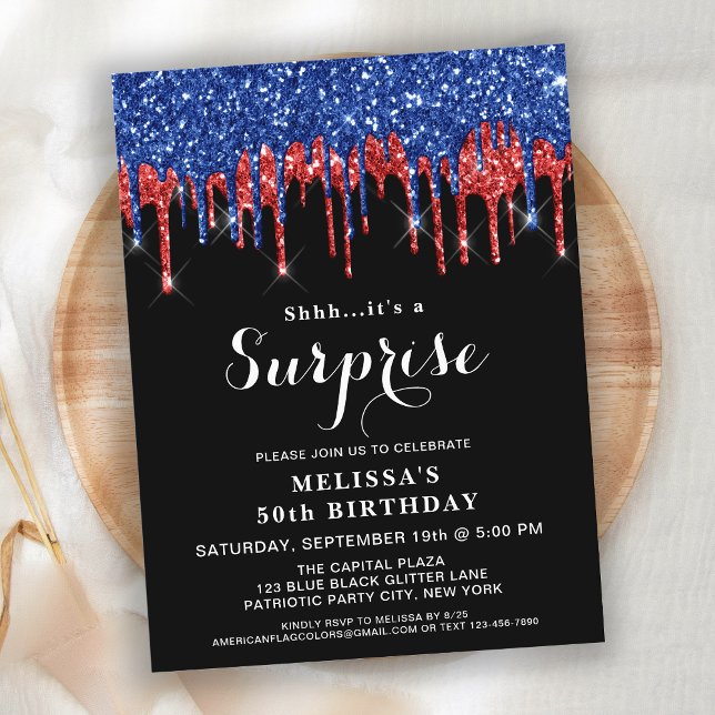 Patriotic Birthday Red Blue Glitter Surprise Party Invitation Postcard (Creator Uploaded)