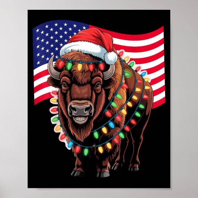 Patriotic Bison Buffalo Christmas Usa Flag Holiday Poster (Front)