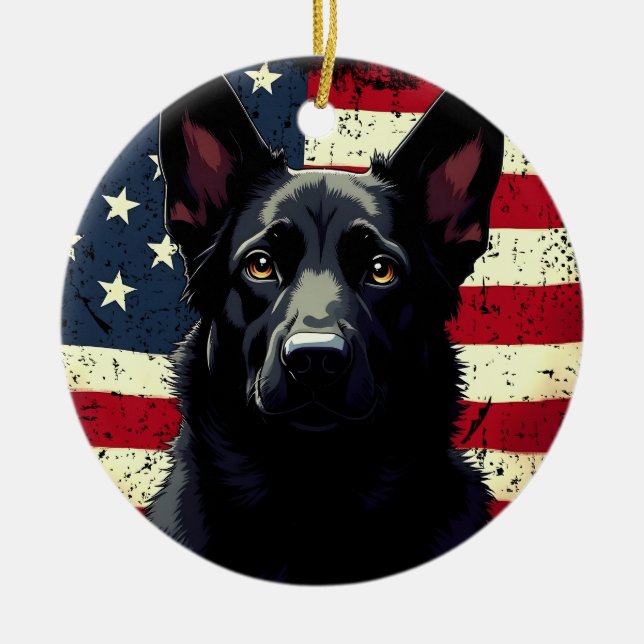 Patriotic Black German Shepherd USA American Flag Ceramic Ornament (Front)