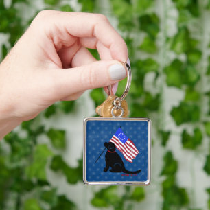 Patriotic Black Lab American Flag Key Chain Silver