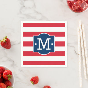 Patriotic Blue and Red Stars and Stripes Monogram Napkin